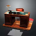 Vintage Wooden Desk Setup With Table Lamp Telephones Red Cushion Chair And Rug