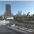 Modern Urban Waterfront Area With Pier People Cranes And Tall Buildings