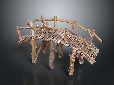 Rustic Handcrafted Twig Bridge Structure With Wooden Planks And Natural Branches 3d model