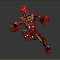 Red Robot Character In Dynamic Mechanical Action Pose With Flying Debris