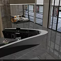Elegant Modern Front Desk Reception With Curved Design Marble Floor And Glass Walls