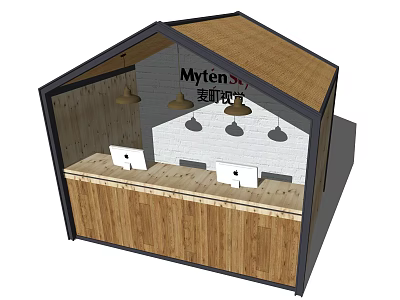 Wooden Reception Desk With Hexagonal Roof Hanging Lights And White Brick Wall 3d model