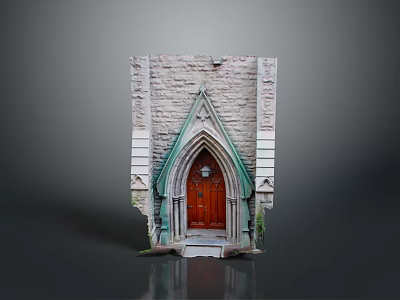 Gothic Style Red Wooden Door With Pointed Arch And Stone Wall Details 3d model
