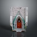 Gothic Style Red Wooden Door With Pointed Arch And Stone Wall Details