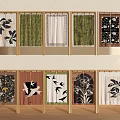Assorted Decorative Curtains with Floral Leaf Patterns and Wooden Frames for Home Decor 3d model