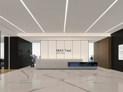 Elegant MAX Text Office Reception Area With Stylish Desk Marble Floor And Modern Lighting 3d model