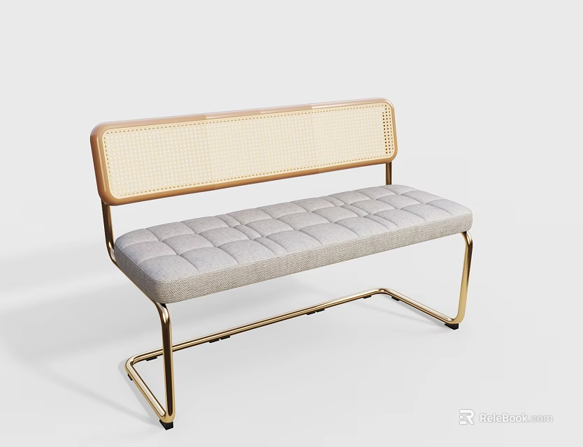 Modern Multi Person Sofa With Rattan Backrest Gray Padded Seat And Golden Metal Frame 3d model 