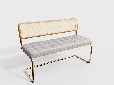 Modern Multi Person Sofa With Rattan Backrest Gray Padded Seat And Golden Metal Frame 3d model