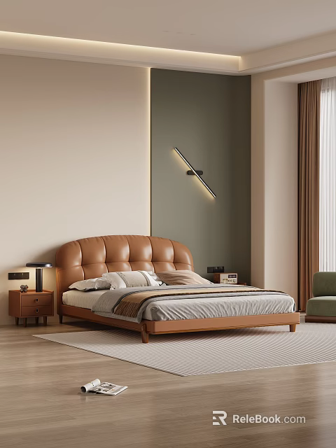 Modern Bedroom Interior With Brown Leather Padded Headboard Beige Dark Green Walls And Wall Lamp 3d model 