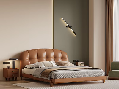 Modern Bedroom Interior With Brown Leather Padded Headboard Beige Dark Green Walls And Wall Lamp 3d model