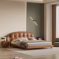 Modern Bedroom Interior With Brown Leather Padded Headboard Beige Dark Green Walls And Wall Lamp