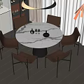 Modern Round Dining Table Set With Marble Top Six Brown Chairs Black Metal Legs
