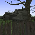 Traditional Thatched Cottage with Rustic Wooden Structure Green Lawn and Dry Trees