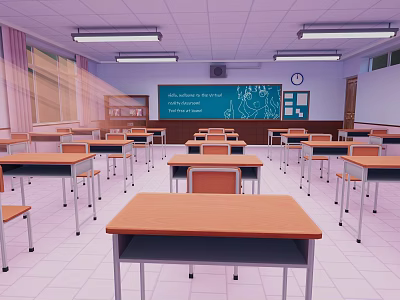 School Classroom Interior With Wooden Desks Chairs Blackboard Windows And Ceiling Lights 3d model