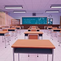 School Classroom Interior With Wooden Desks Chairs Blackboard Windows And Ceiling Lights