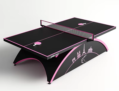 Black and Pink Table Tennis Table with Net Curved Legs and Decorative Graphics 3d model