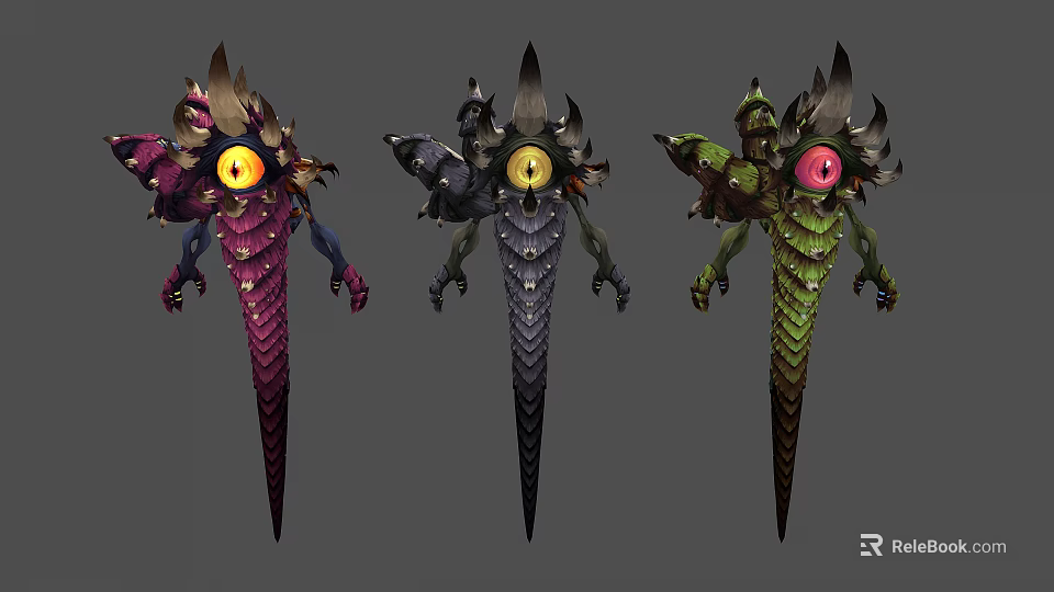 Three Colorful Fantasy Creatures With Spiked Design And Glowing Eyes Artistic Variants 3d model 