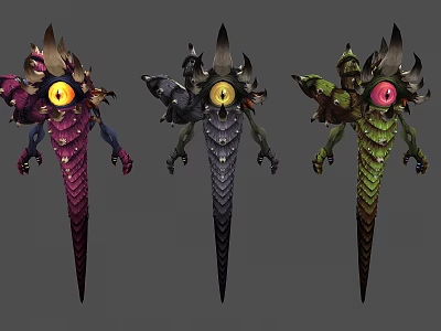 Three Colorful Fantasy Creatures With Spiked Design And Glowing Eyes Artistic Variants 3d model
