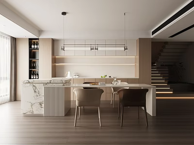 Modern Restaurant Interior With Open Concept Marble Island Wooden Elements Warm Lighting And Dining Chairs 3d model