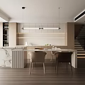 Modern Restaurant Interior With Open Concept Marble Island Wooden Elements Warm Lighting And Dining Chairs
