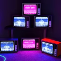 Vintage Television Art Installation Featuring Dont Cry Text Waveform Graphics And Neon Purple Blue Lighting