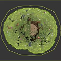 Natural Scene with Tree Stump Green Grass Red Mushrooms Rocks Small Flowers and Glowing Spots