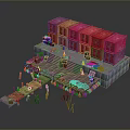 3D Rendered Scene With Red Crates Wooden Bridge Steps Barrels And Blue Boxes