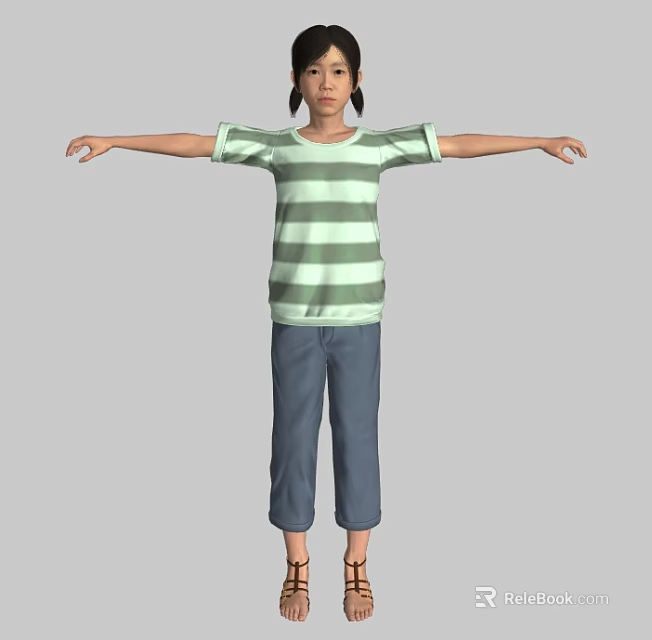 Casual Woman In Green White Striped Tshirt And Blue Pants With Arms Outstretched 3d model 