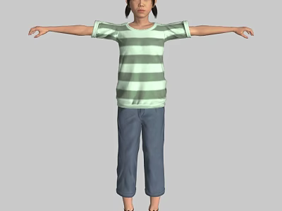 Casual Woman In Green White Striped Tshirt And Blue Pants With Arms Outstretched 3d model
