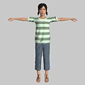 Casual Woman In Green White Striped Tshirt And Blue Pants With Arms Outstretched