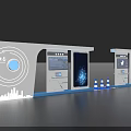 Modern Exhibition Island With Digital Screens Cones And Tech Display Elements