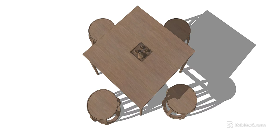Wooden Square Dining Table Set With Four Round Stools And Central Panel 3d model 