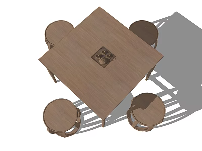 Wooden Square Dining Table Set With Four Round Stools And Central Panel 3d model