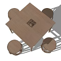 Wooden Square Dining Table Set With Four Round Stools And Central Panel 3d model