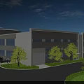 Modern Industrial Factory Building Exterior With Greenery Parking Area Cars And Delivery Van
