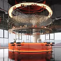 Modern Hotel Lobby Bar With Circular Orange Counter High Stools Glass Windows And Lighting Decor