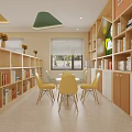 School Reading Room With Bookshelves Round Tables Colorful Chairs And Triangle Ceiling Lights