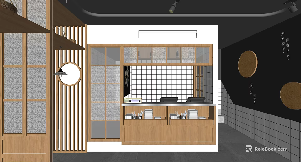Modern Restaurant Interior Design With Wooden Elements Glass Partition And Tile Wall Counter 3d model 