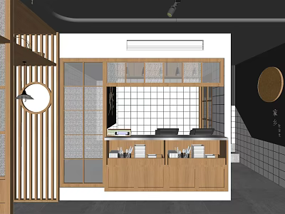 Modern Restaurant Interior Design With Wooden Elements Glass Partition And Tile Wall Counter 3d model