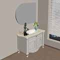 Elegant Bathroom Vanity With Round Woven Mirror Decorative Plant Flower Vase And Window Blinds