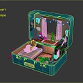 Open Blue Suitcase With Miniature Room Interior Featuring Bed Mirror And Small Furniture
