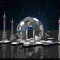 Starry Sky Themed Photo Spot With Transparent Spherical Structure And Rocket Models Reflective Floor