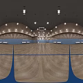 Basketball Court Interior With Wooden Flooring Hanging Lights Blue Walls And Red Seats
