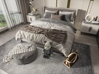 Modern Double Bed With Gray Headboard Multiple Pillows Blanket And Nightstands On Soft Rug 3d model