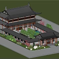 Ancient Chinese Architecture With Traditional Roof Overhanging Eaves Wooden Structure And Garden Landscaping
