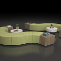 Modern Curved Green Sofa Interior With Round Tables Potted Plants And Display Units 3d model