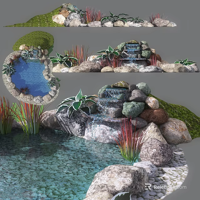 Natural Garden Water Feature With Small Pond Waterfall Stones And Green Plants 3d model 