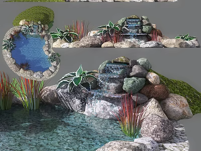 Natural Garden Water Feature With Small Pond Waterfall Stones And Green Plants 3d model