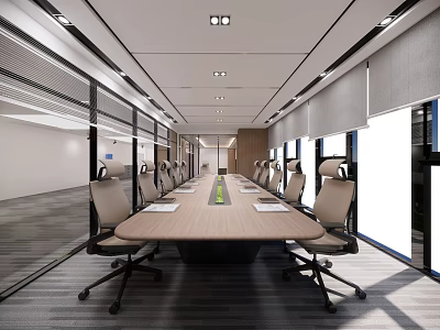 Modern Conference Room Interior Design With Long Wooden Table Ergonomic Chairs And Large Windows 3d model
