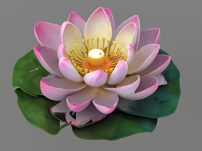 Beautiful Water Lily With Pink And White Petals Yellow Stamen And Green Leaves 3d model